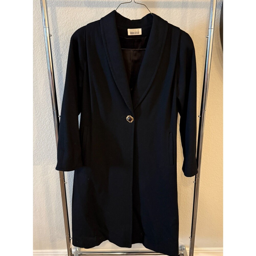 Vintage Leslie Fay 100% Pure Wool Black Long Coat Trench Dress Coat Size 10 USA - Picture 1 of 12